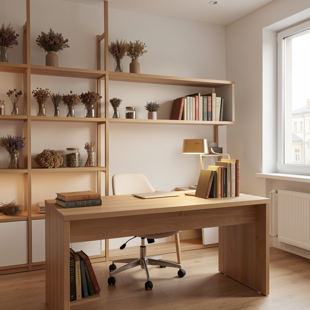 Wide view of the Beldova consultation studio in Bucharest — a clean workspace with wooden shelving, dried herbs, reference books and a single desk under warm studio lighting
