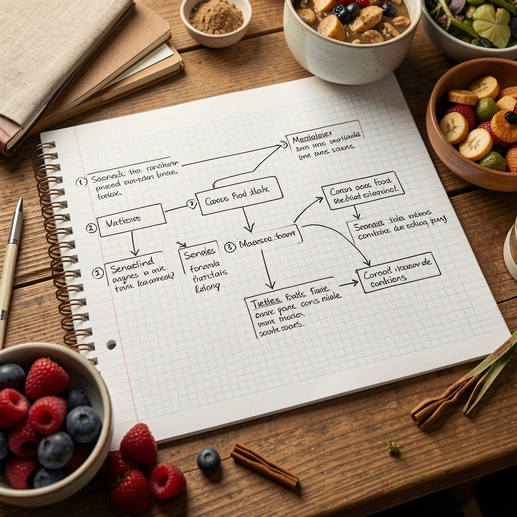 A consultation methodology diagram on graph paper showing numbered process steps with handwritten notes and seasonal food categories spread on a wooden desk