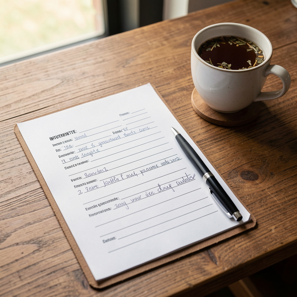 A printed intake questionnaire form with handwritten client responses, a pen resting across the page beside a cup of herbal tea on a wooden consultation desk