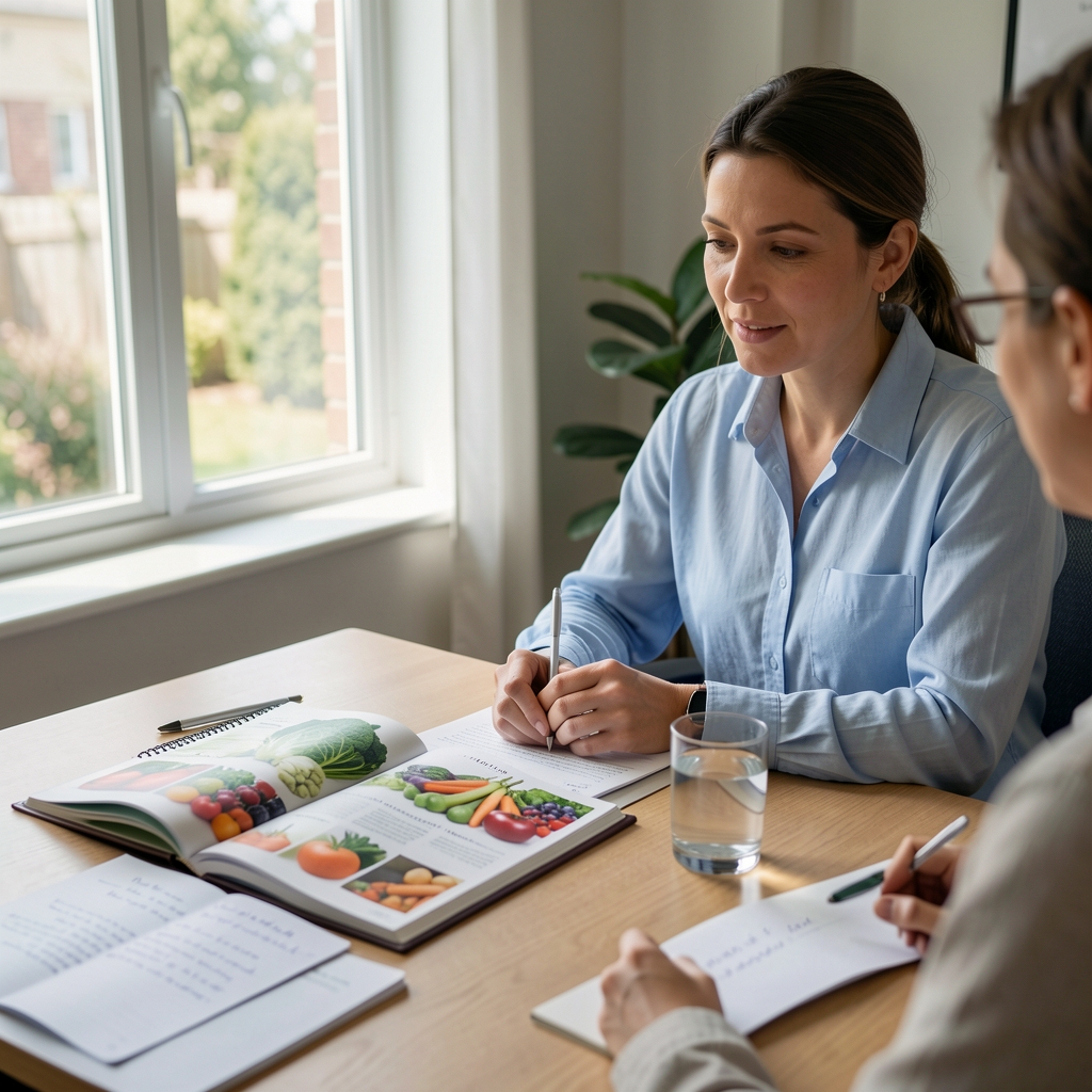 A nutritionist consultation session in progress with a seasonal produce guide open on a table alongside handwritten notes and a glass of water in natural daylight