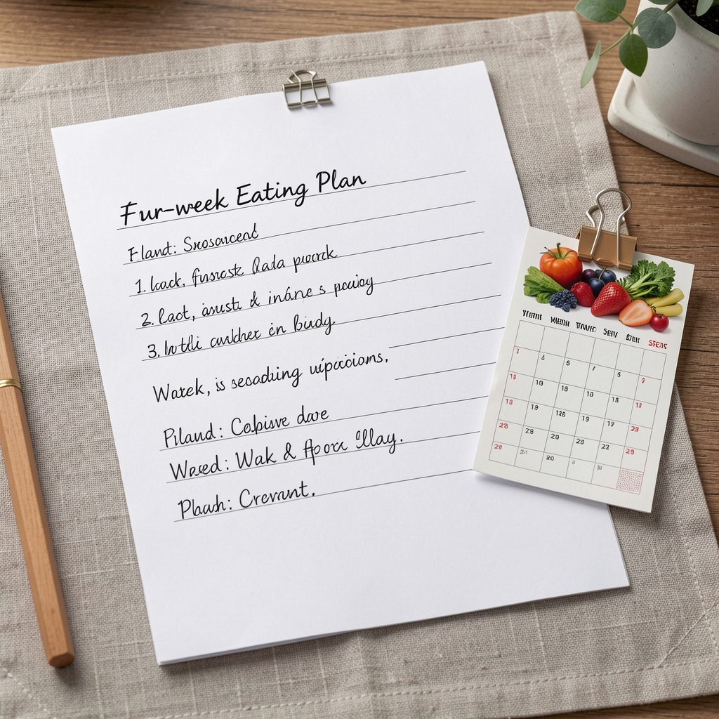A four-week eating plan document on clean white paper with handwritten weekly notes and a small seasonal produce calendar attached with a paper clip on a linen desk mat