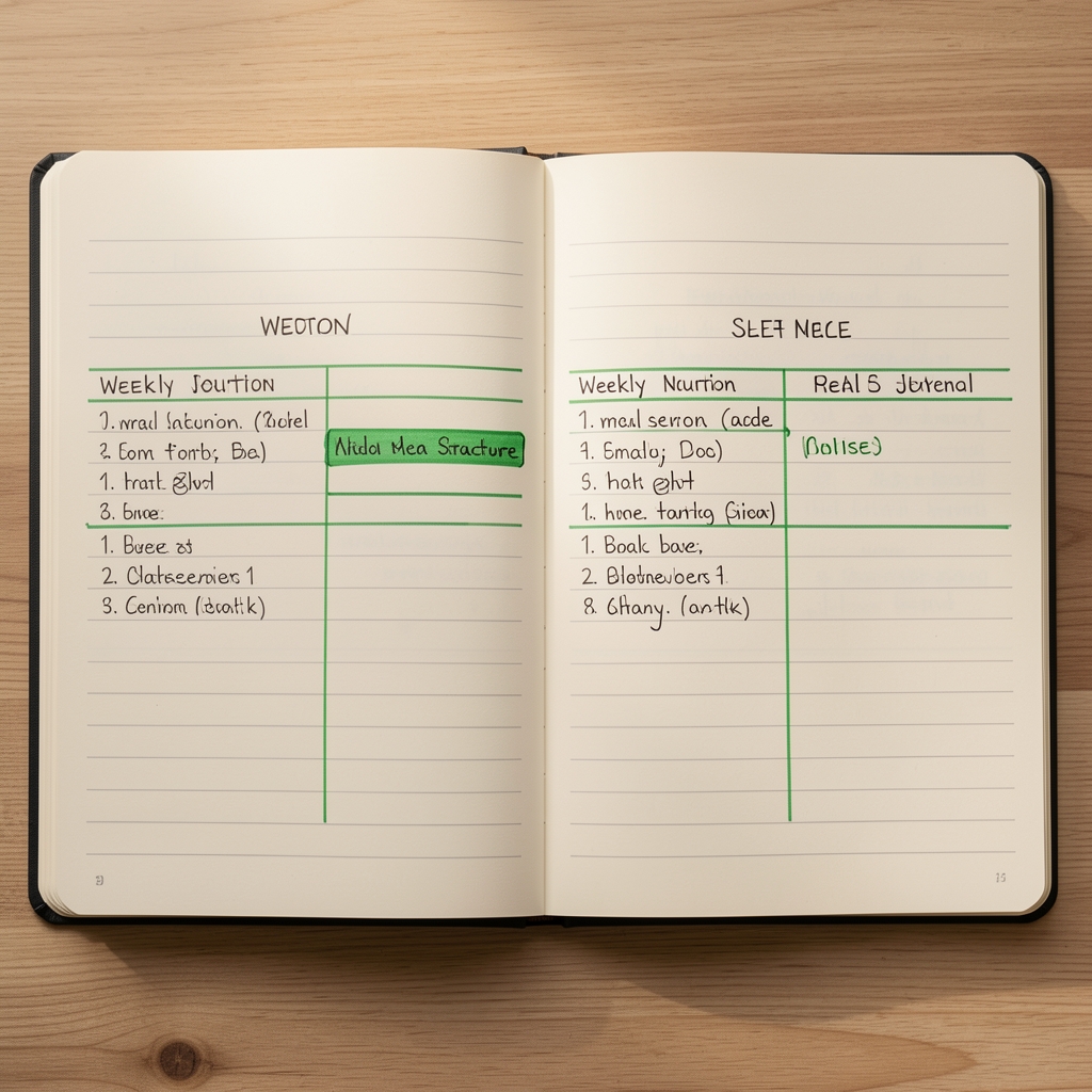 Revision notes written in a consultation journal with two versions of a weekly meal structure side by side showing amendments marked in green ink