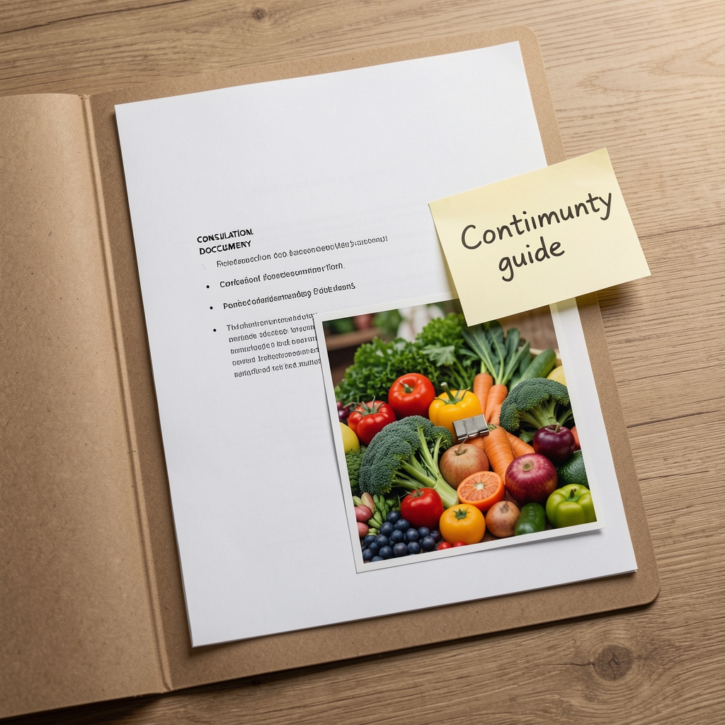 A consultation close summary document in a folder with a sticky note reading continuity guide and a seasonal produce photograph paperclipped to the front page