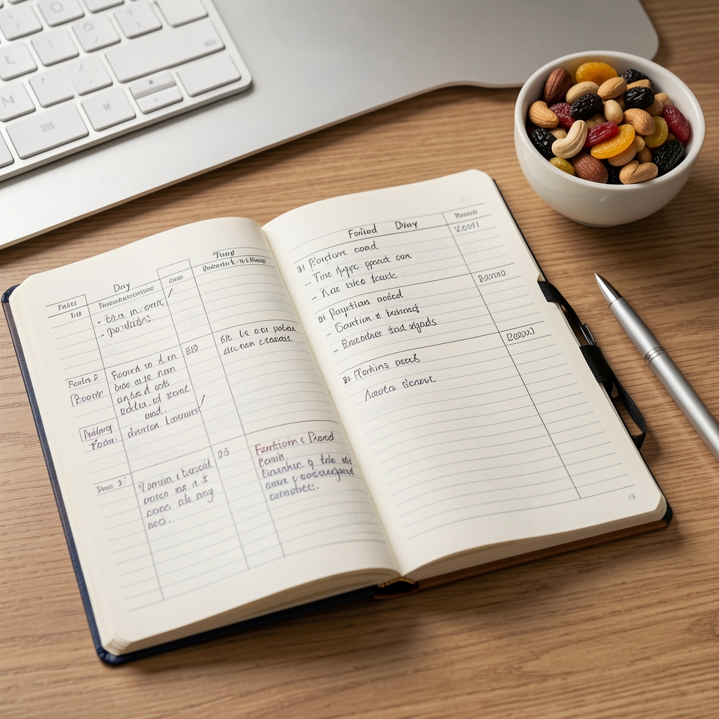 A seven-day food diary open on a desk with handwritten entries, portion notes and a pen beside a small bowl of mixed nuts and dried fruits