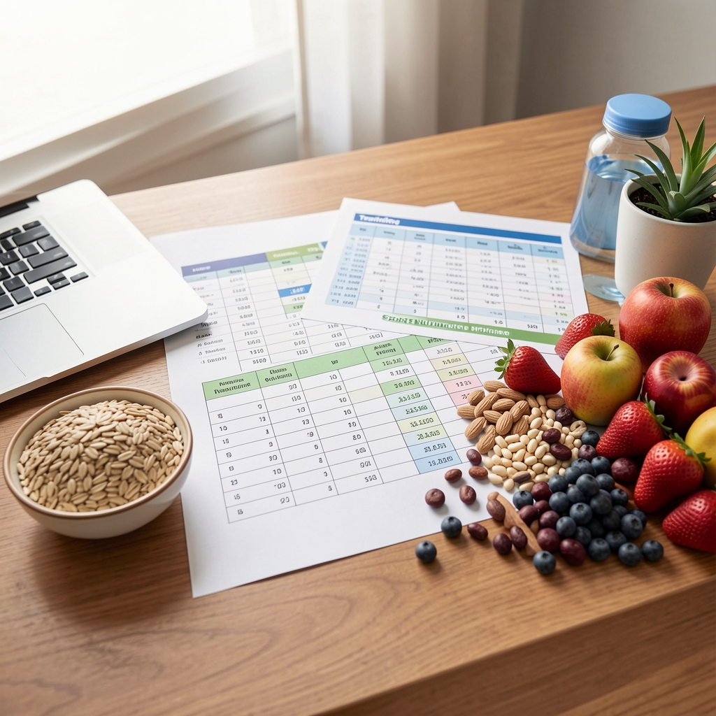 A sports nutrition planning layout with a training schedule, water tracking chart and a selection of wholegrains, legumes and fruits on a consultation desk