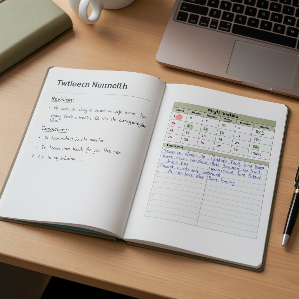 A twelve-week nutrition consultation folder open on a desk with revision notes, seasonal food calendar and a handwritten weight tracking log